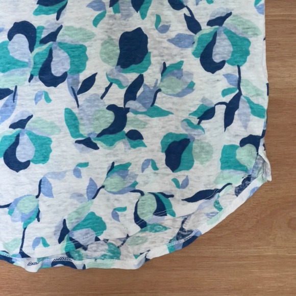 Rachel Zoe 100% linen floral top size L large round hem blue white semi sheer - Picture 3 of 6